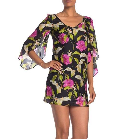 Milly Dress Flutter‎ Sleeve Lilly Floral 100% Silk Black Pink Mini Size 0 New - Picture 1 of 7